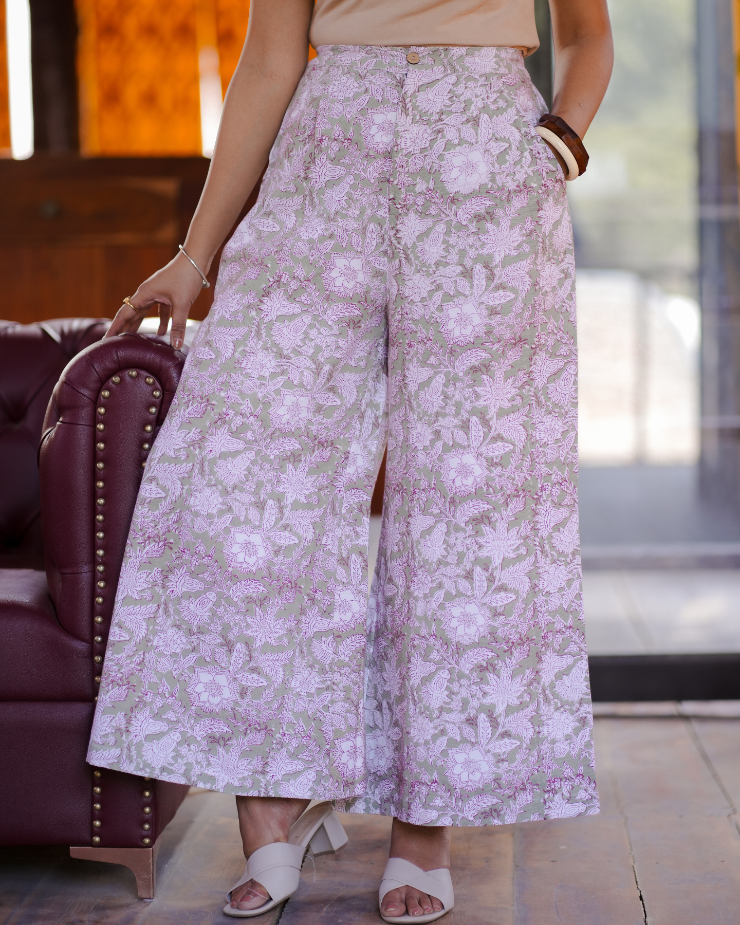 PISTA HAND BLOCK PRINTED WIDE LEG CANVAS PANTS