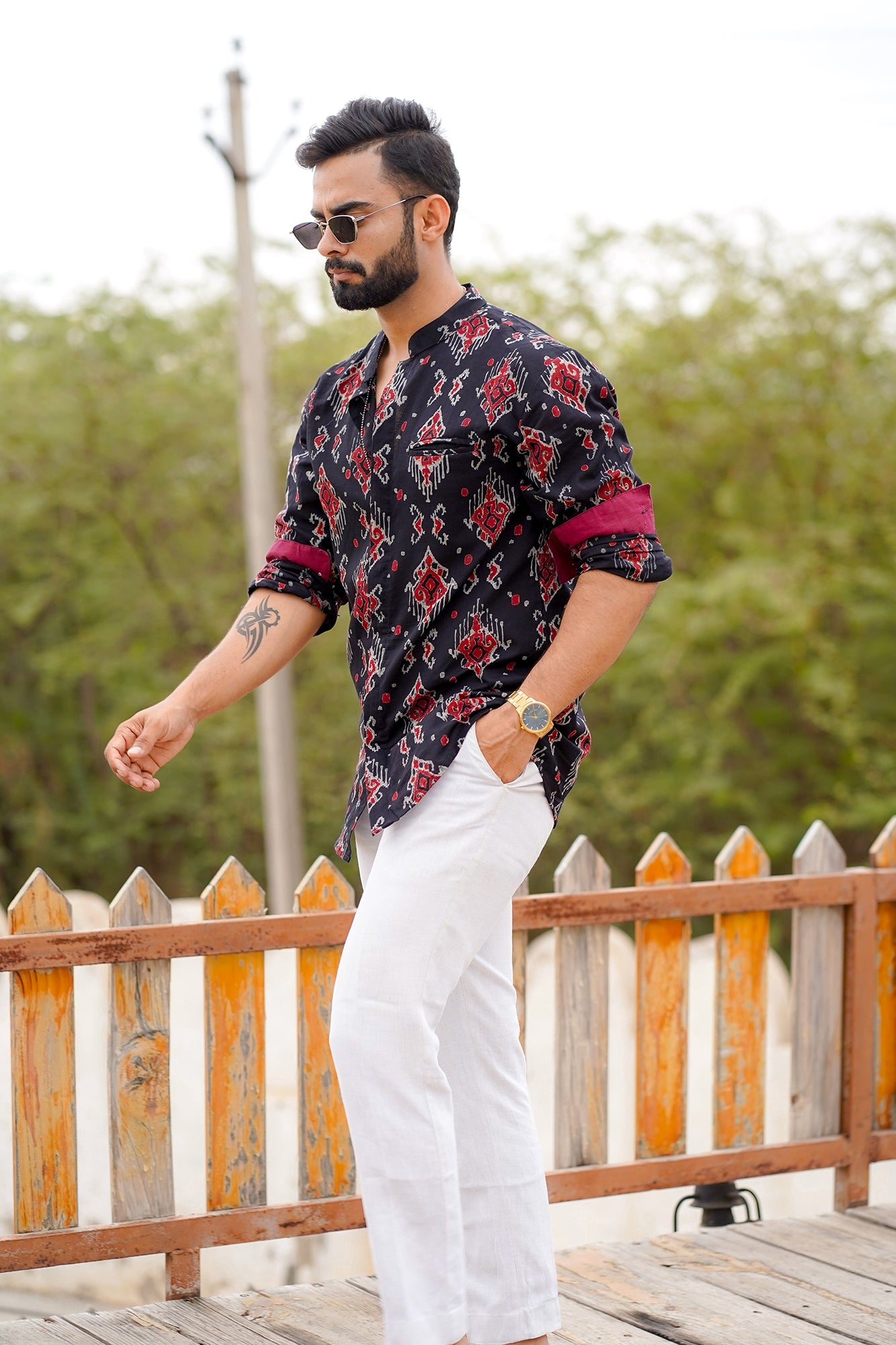 Hand Block Printed Contrast Cuff Shirt