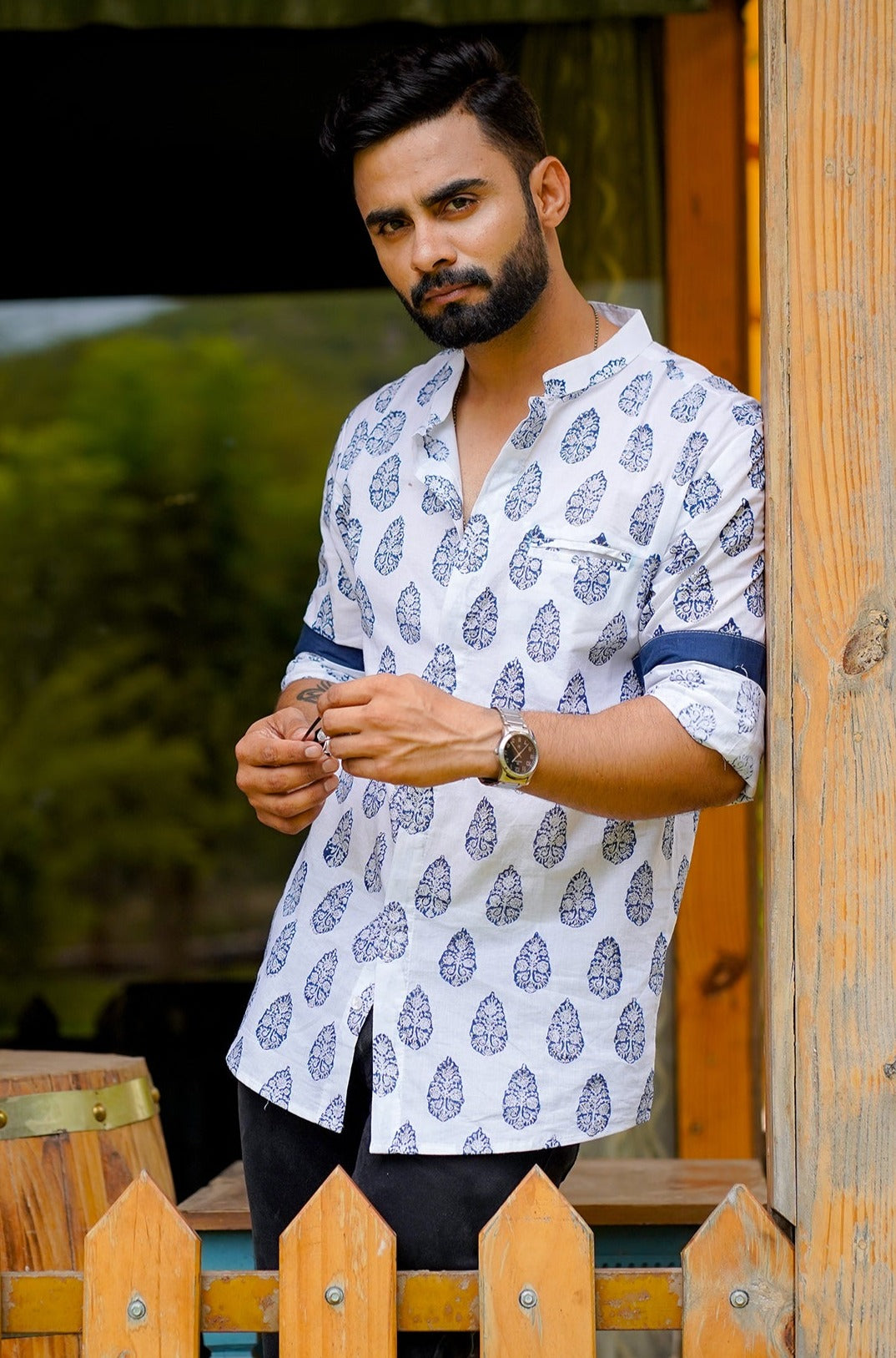 Hand Block Printed Contrast Cuff Shirt