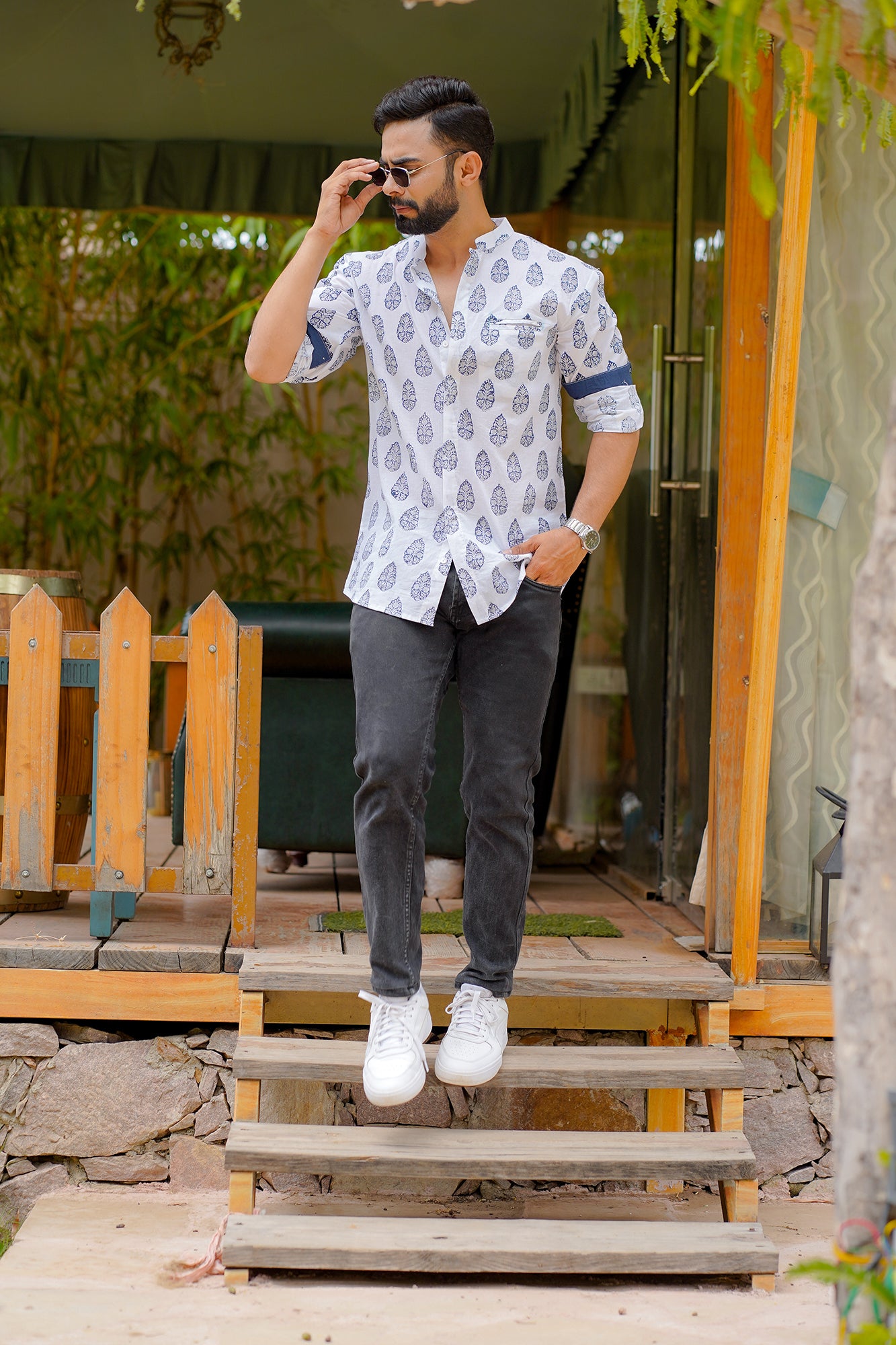 Hand Block Printed Contrast Cuff Shirt