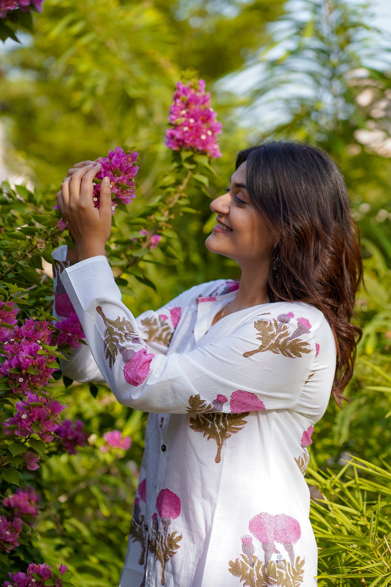 Floral Printed White Cotton Long Shirt