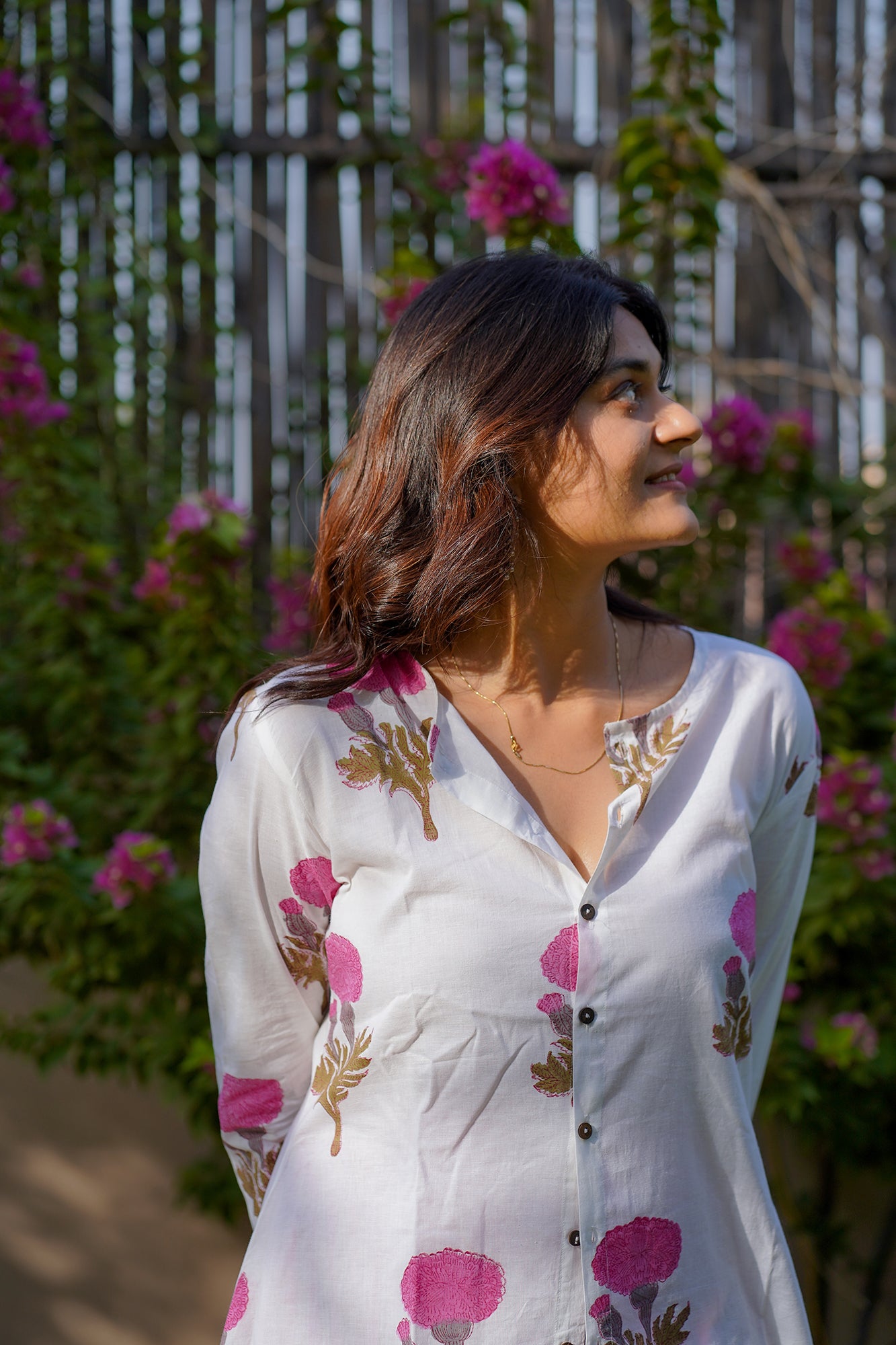 Floral Printed White Cotton Long Shirt