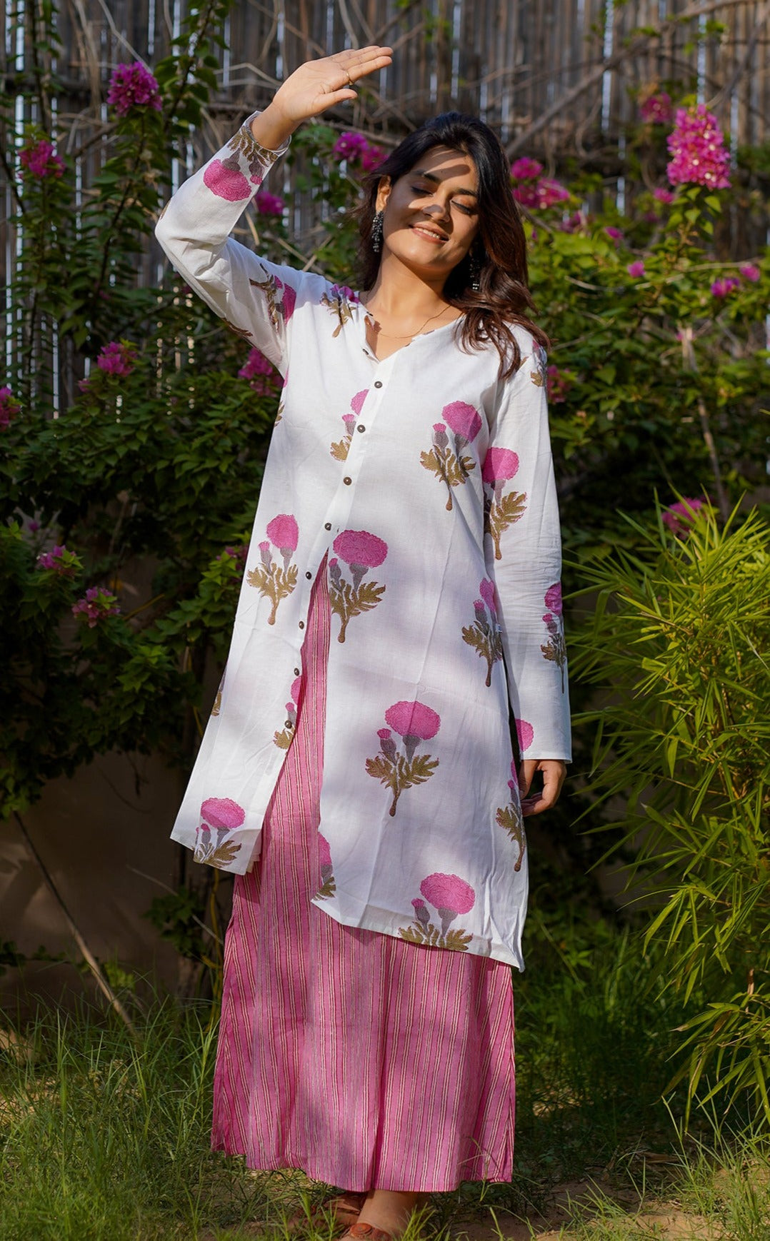 Floral Printed White Cotton Long Shirt