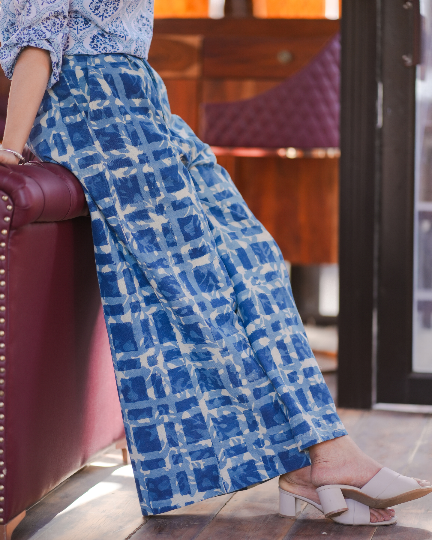 AZURE SKY HAND BLOCK PRINTED WIDE LEG CANVAS PANTS