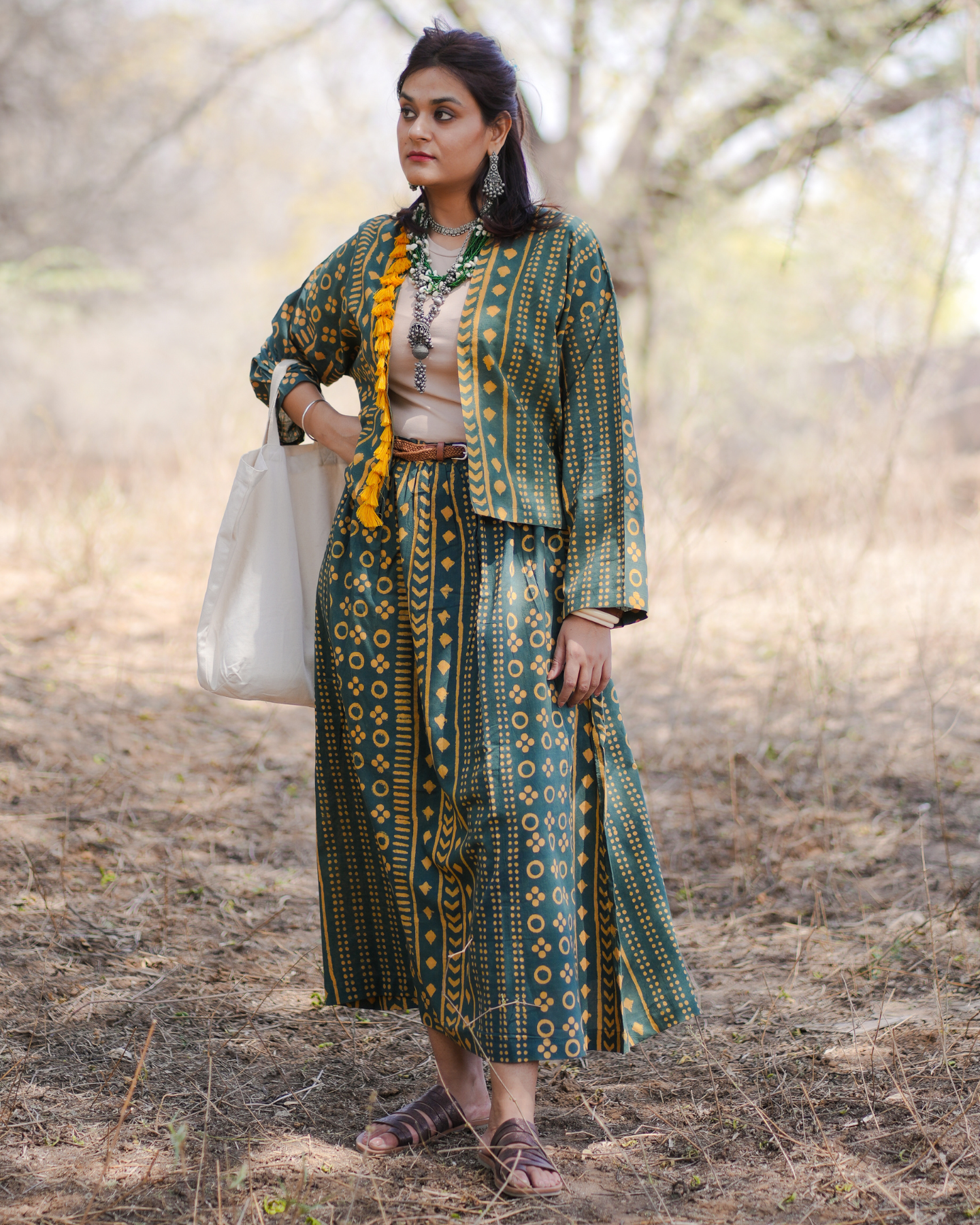 LOST IN THE FOLIAGE HAND BLOCK PRINTED KIMONO WITH TASSELS