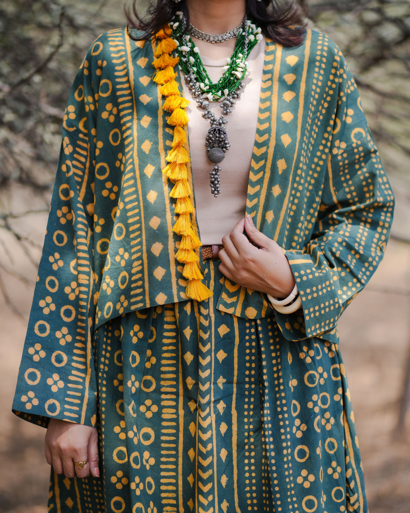 LOST IN THE FOLIAGE HAND BLOCK PRINTED KIMONO WITH TASSELS