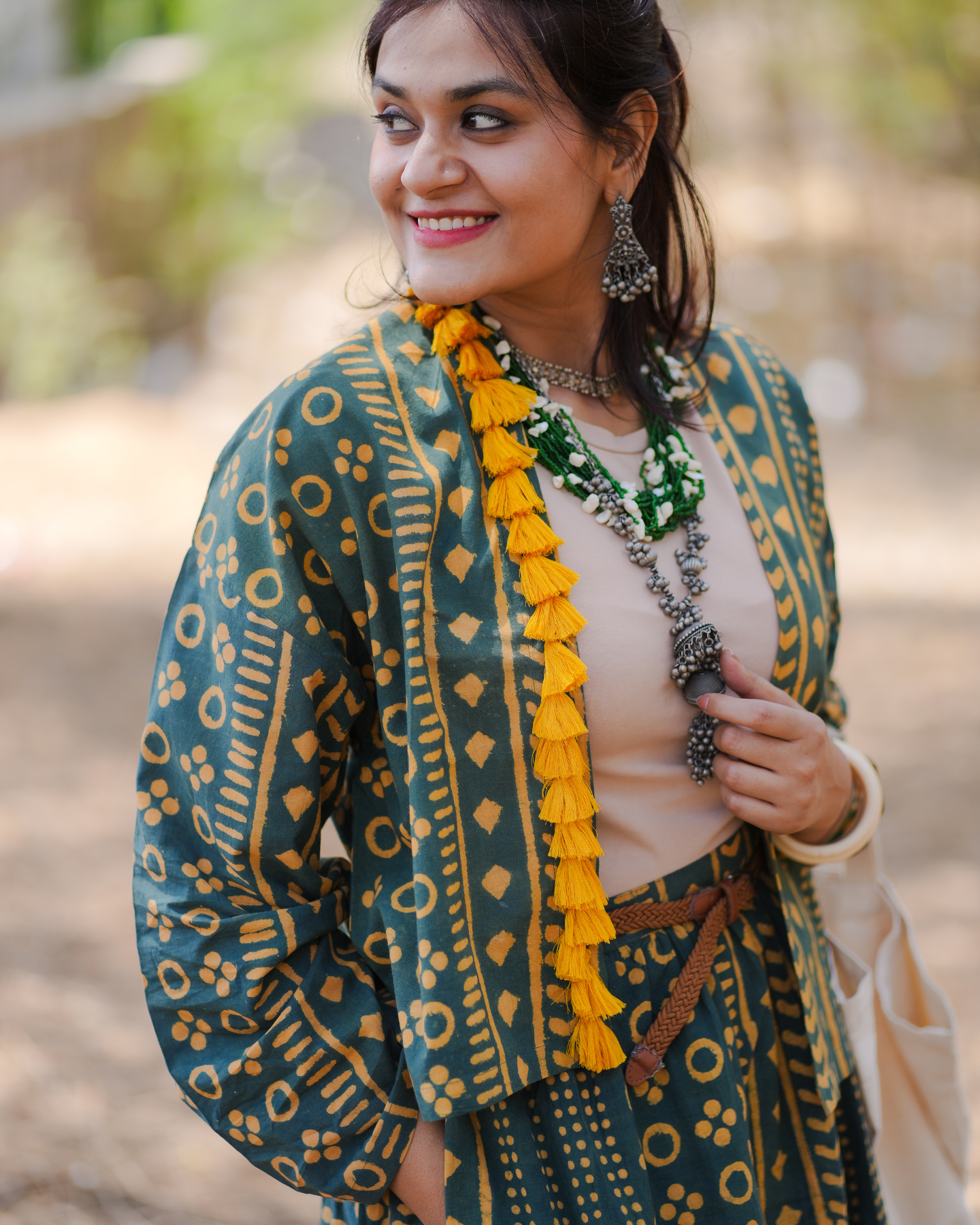 LOST IN THE FOLIAGE HAND BLOCK PRINTED KIMONO WITH TASSELS