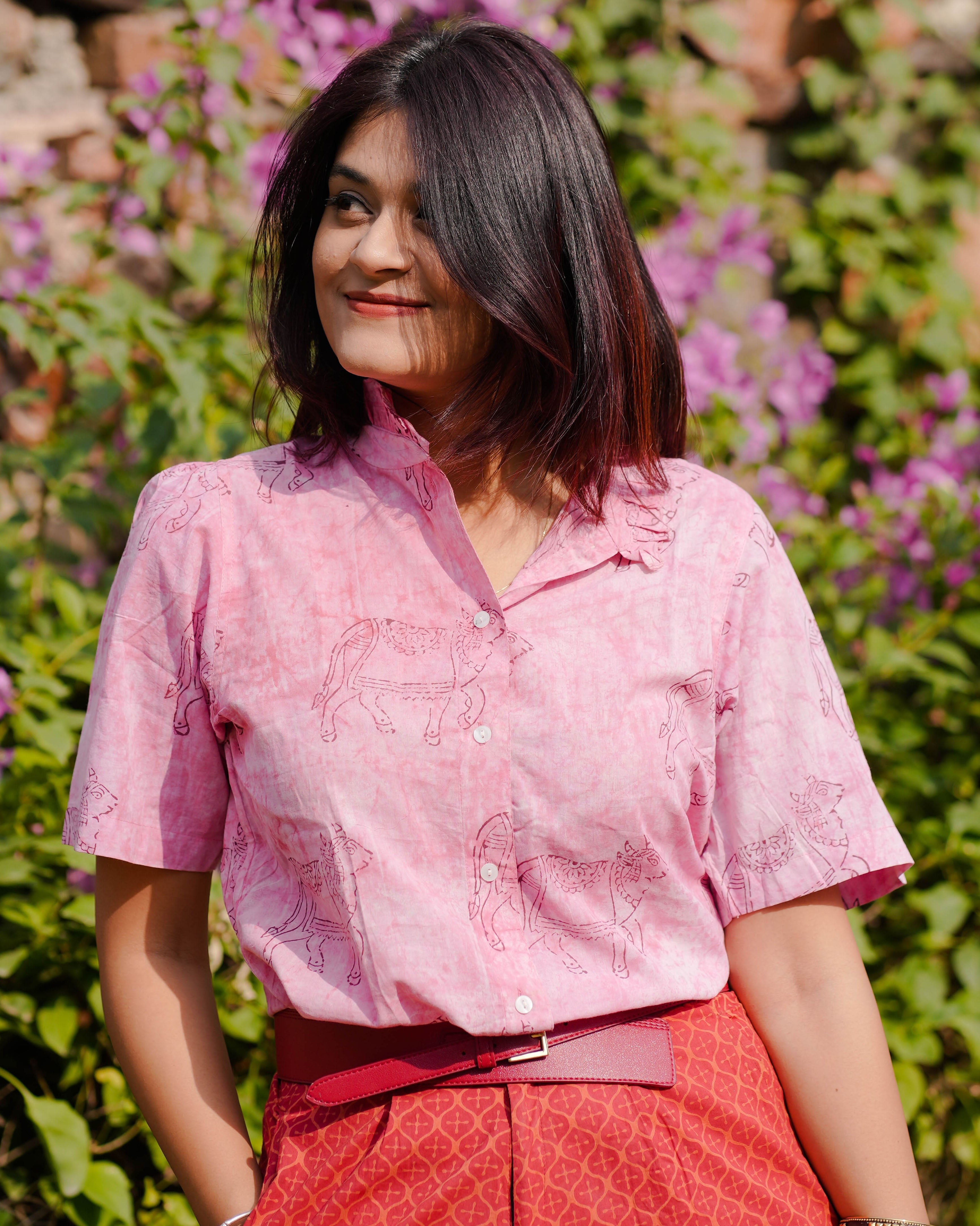 WOMEN HAND BLOCK PRINTED HALF SLEEVE RUFFLED COLLAR TOP