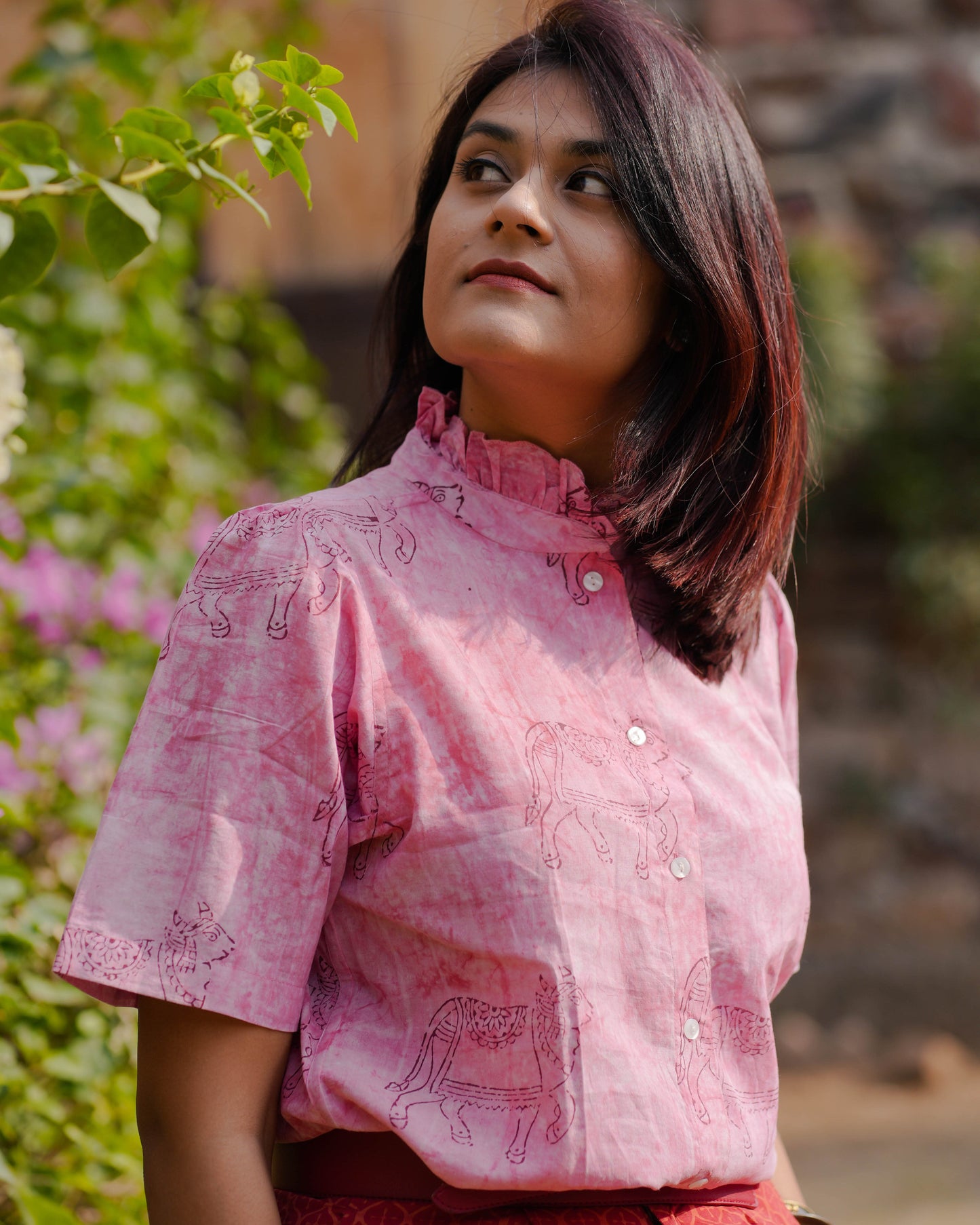 WOMEN HAND BLOCK PRINTED HALF SLEEVE RUFFLED COLLAR TOP