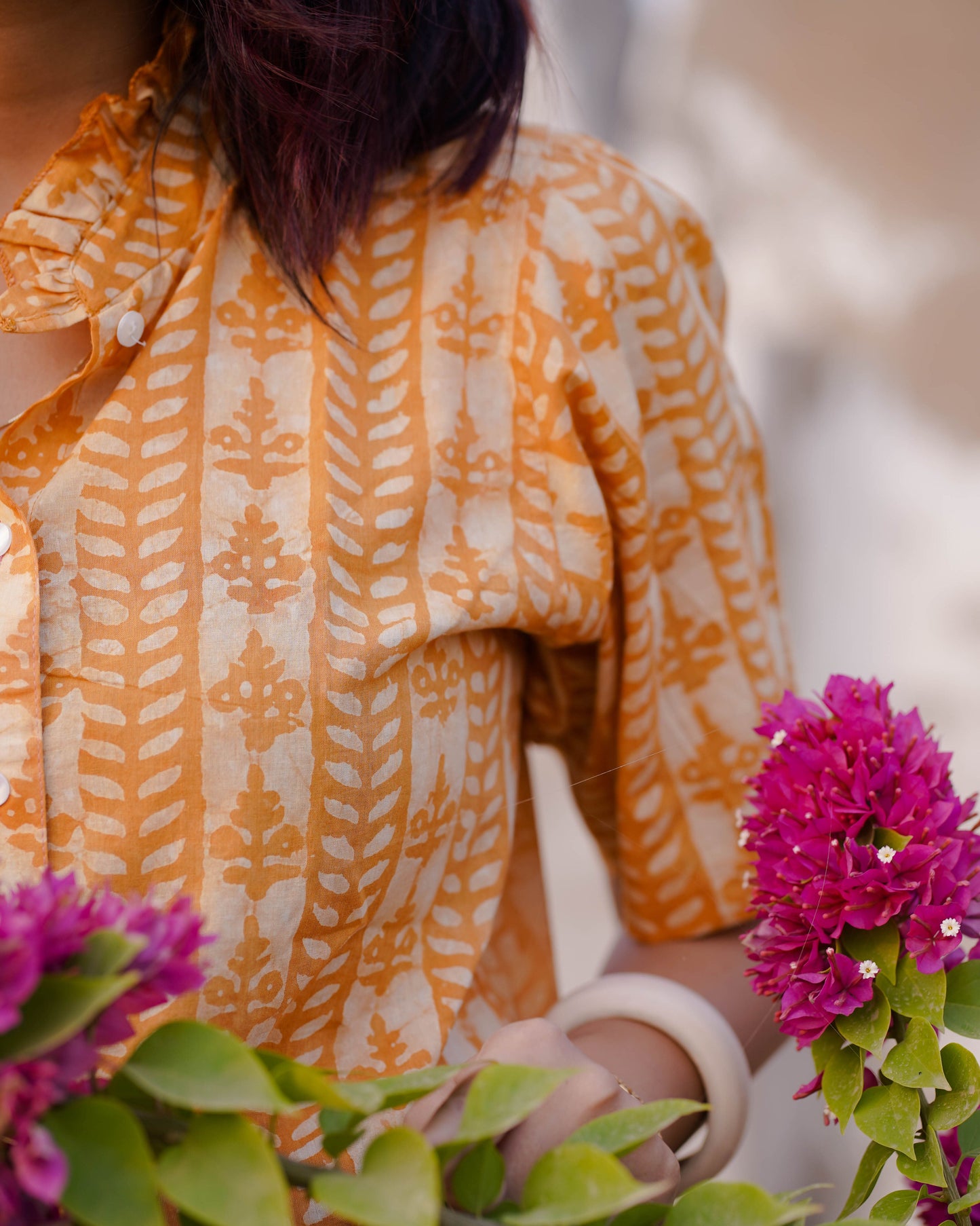 WOMEN HAND BLOCK PRINTED HALF SLEEVE RUFFLED COLLAR TOP